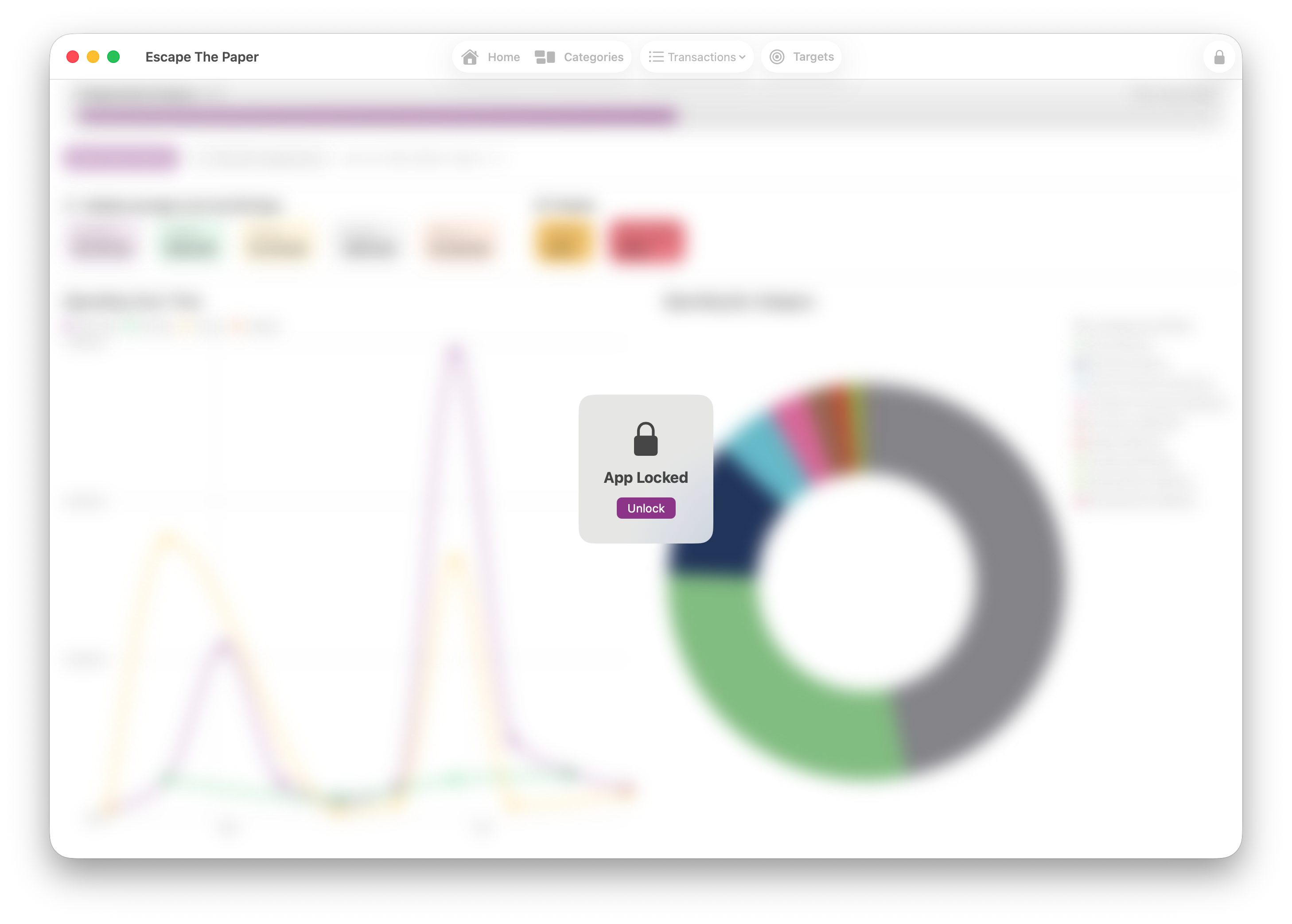 Escape The Paper app lock screen over a blurred reporting dashboard
