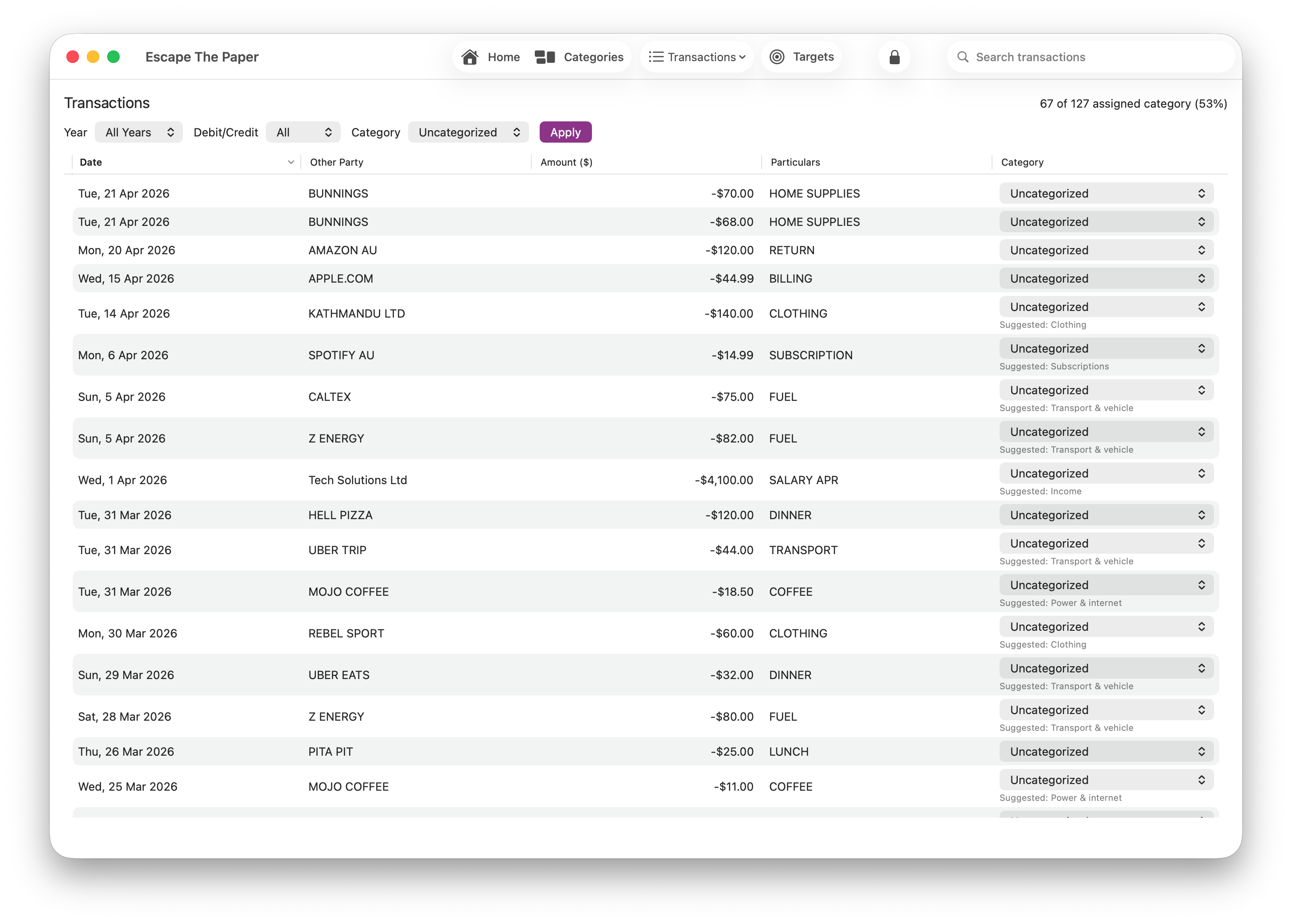 Escape The Paper transactions view with categorisation controls and search