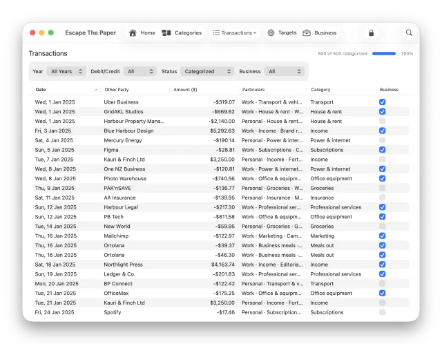 Escape The Paper transaction list showing business flags alongside categories and filters