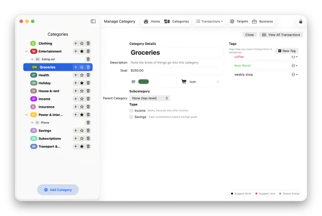 Escape The Paper category editor showing tags trained to Suggest More, Suggest Less, or Always Assign