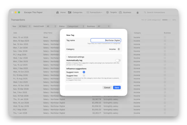 Escape The Paper New Tag sheet showing category, automatic tagging, Suggest More, and Suggest Less controls